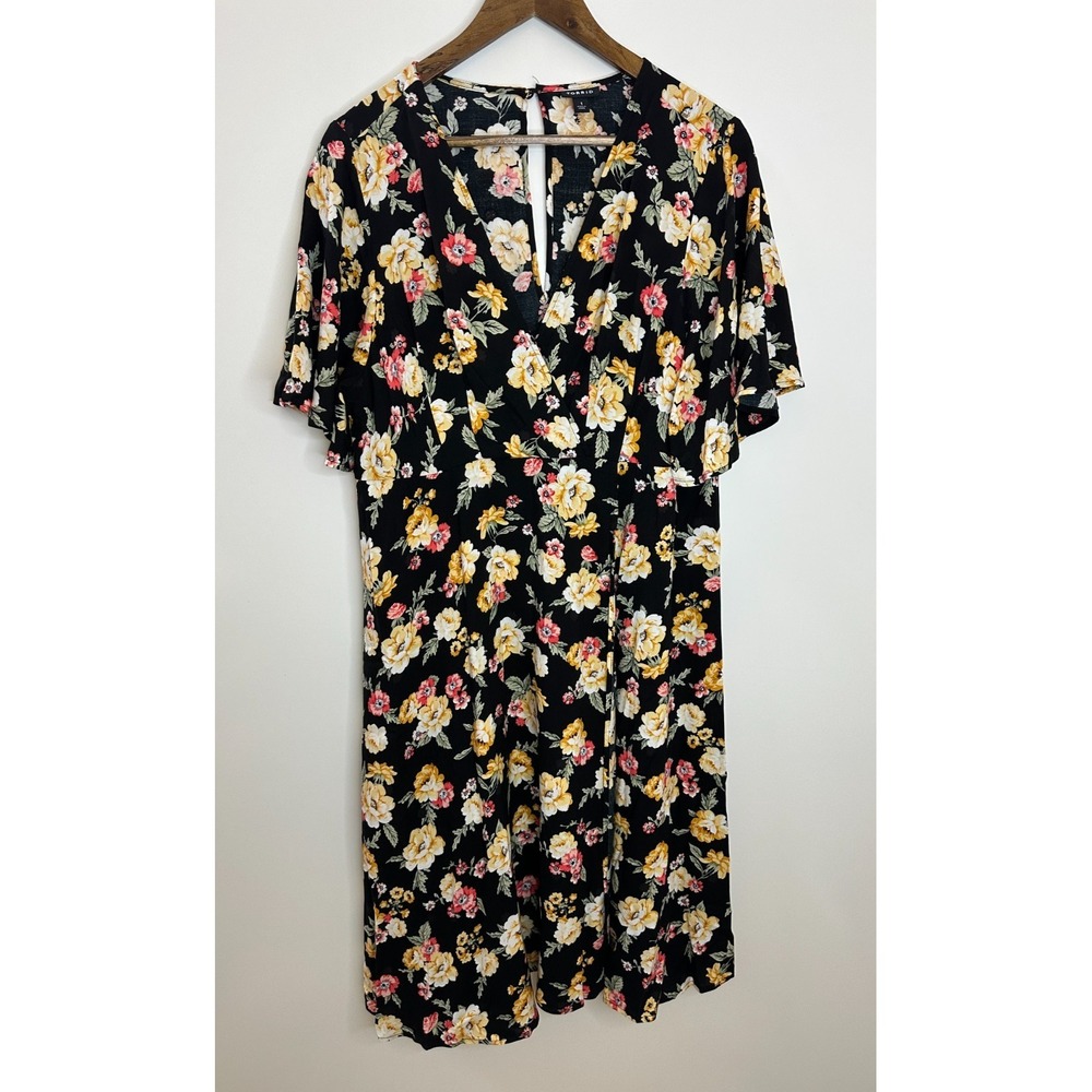 Torrid Floral Faux Wrap Challis Dress Flutter Sleeve Plus Size 1 1X Black Yellow - Picture 14 of 14